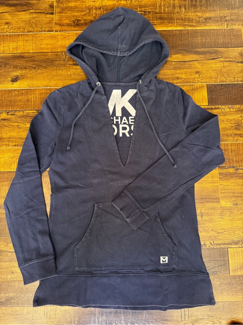 “Michael Kors” Navy Hooded Pullover with V-Neck Layered Look